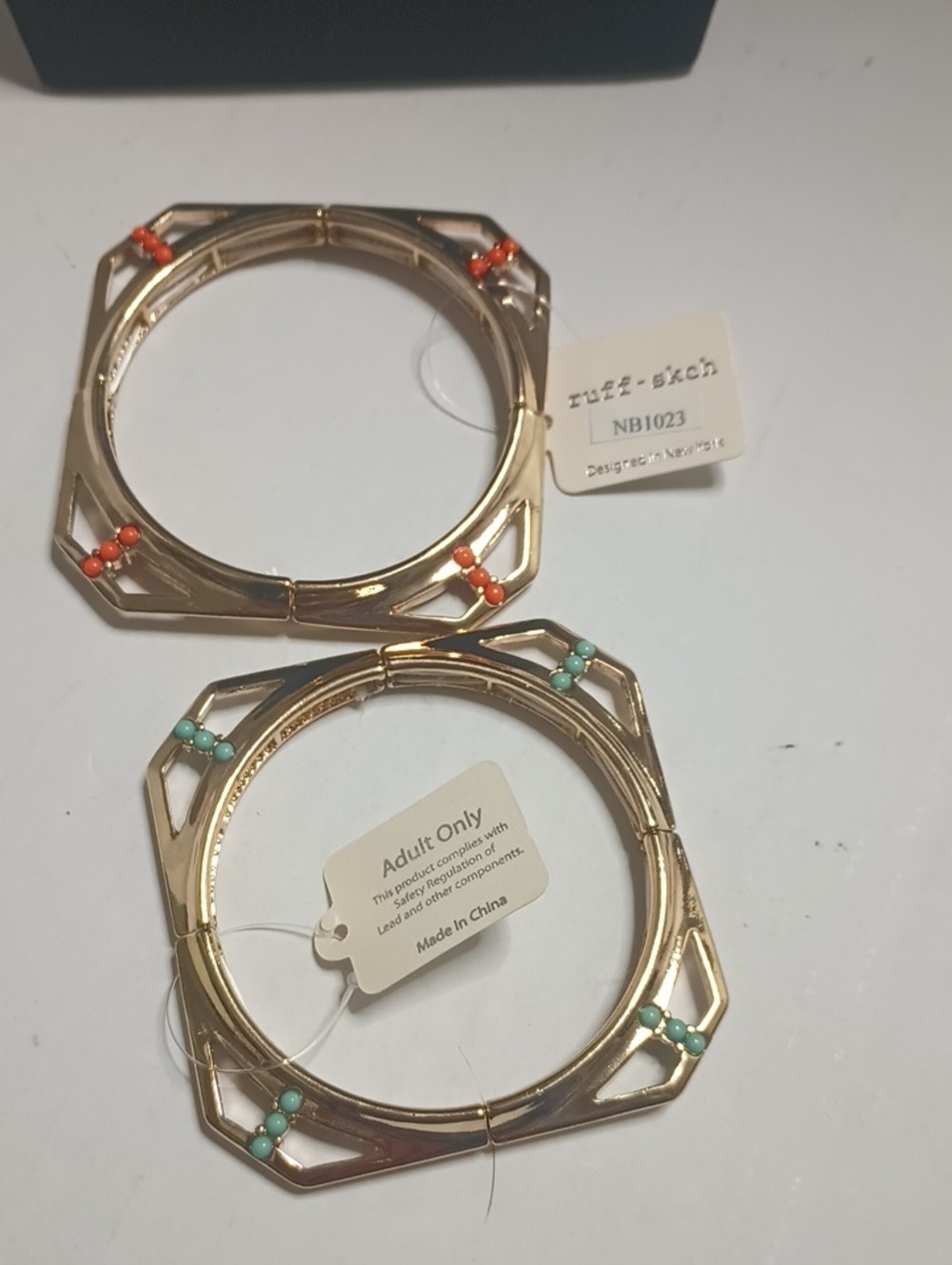 Ruff-S Gold-Tone Octagon Bangle Set with Coral and Turquoise Beads